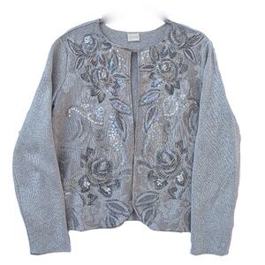 Chico's Women's Size 1 Medium Silver Beaded LongSleeve Cardigan Grandmacore Grey